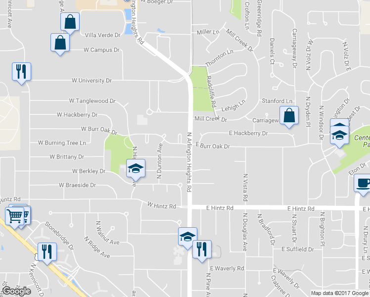 map of restaurants, bars, coffee shops, grocery stores, and more near 119 East Burr Oak Drive in Arlington Heights