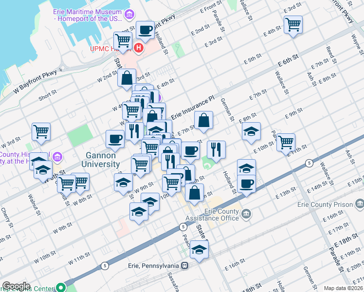 map of restaurants, bars, coffee shops, grocery stores, and more near 727 French Street in Erie