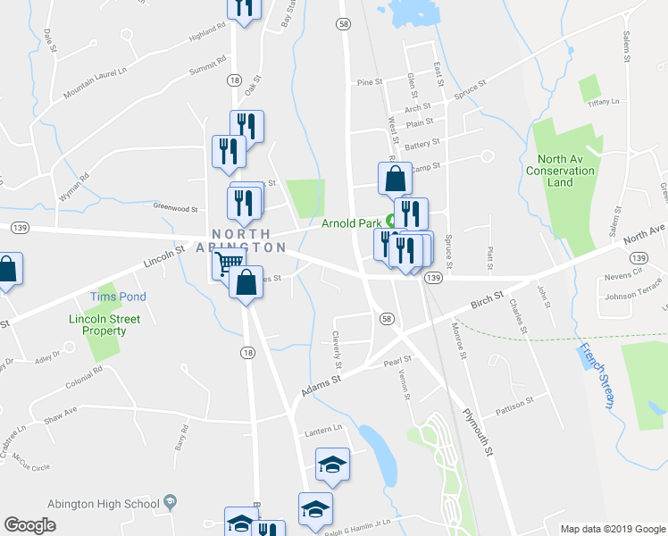 map of restaurants, bars, coffee shops, grocery stores, and more near 105 Abington Avenue in Holbrook