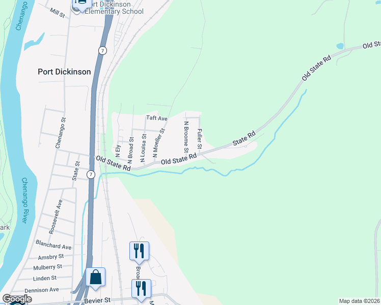 map of restaurants, bars, coffee shops, grocery stores, and more near 101 Old State Road in Binghamton