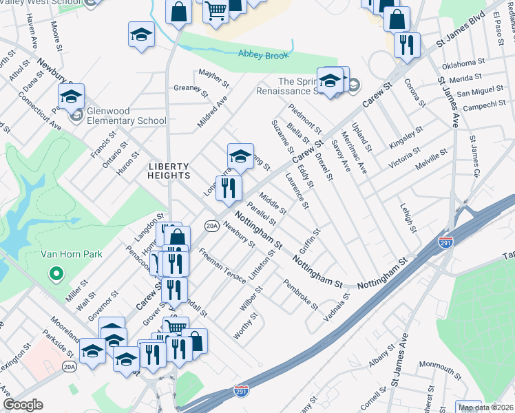 map of restaurants, bars, coffee shops, grocery stores, and more near 977 Carew Street in Springfield