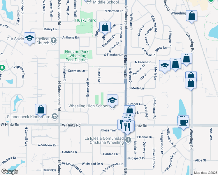 map of restaurants, bars, coffee shops, grocery stores, and more near 910 Vera Lane in Wheeling