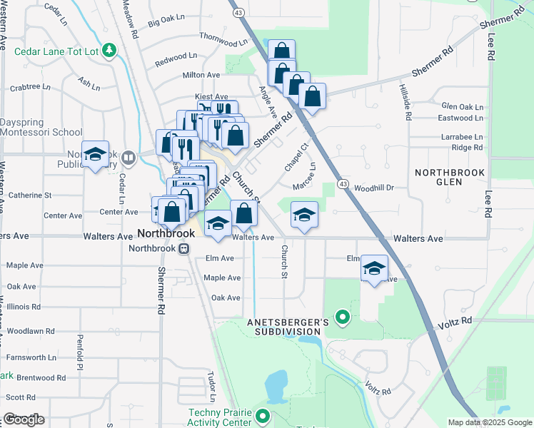 map of restaurants, bars, coffee shops, grocery stores, and more near Church Street in Northbrook