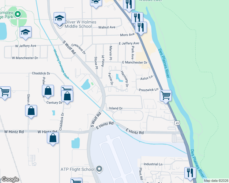 map of restaurants, bars, coffee shops, grocery stores, and more near 400 Poplar Drive in Wheeling