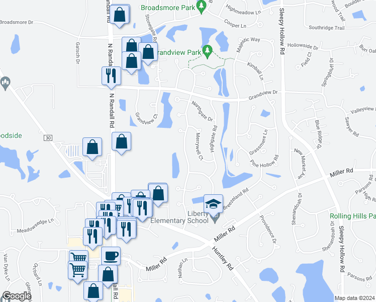 map of restaurants, bars, coffee shops, grocery stores, and more near 7040 Westwood Drive in Carpentersville