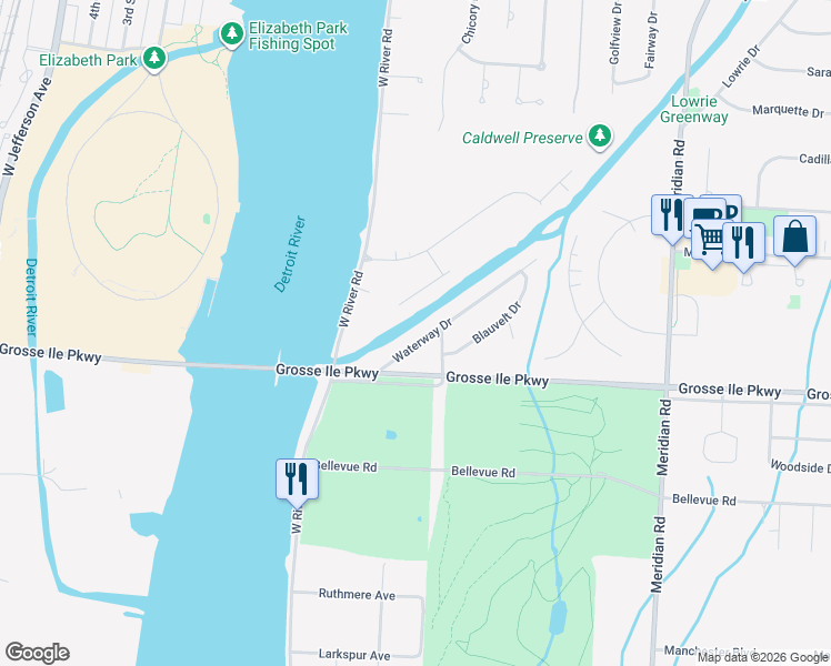 map of restaurants, bars, coffee shops, grocery stores, and more near 9838 Waterway Drive in Grosse Ile Township