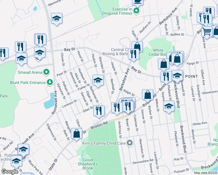 map of restaurants, bars, coffee shops, grocery stores, and more near 30 Newhall Street in Springfield