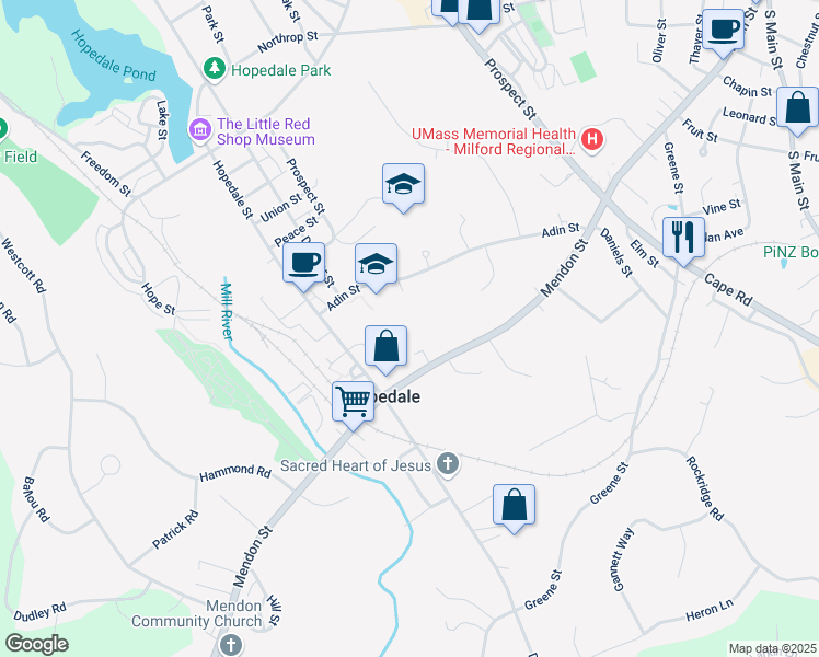 map of restaurants, bars, coffee shops, grocery stores, and more near 107R Hopedale Street in Hopedale