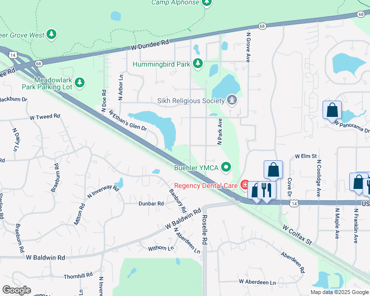 map of restaurants, bars, coffee shops, grocery stores, and more near 1480 West Poplar Street in Palatine