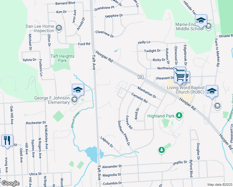 map of restaurants, bars, coffee shops, grocery stores, and more near 2672 Camelot Road in Endwell
