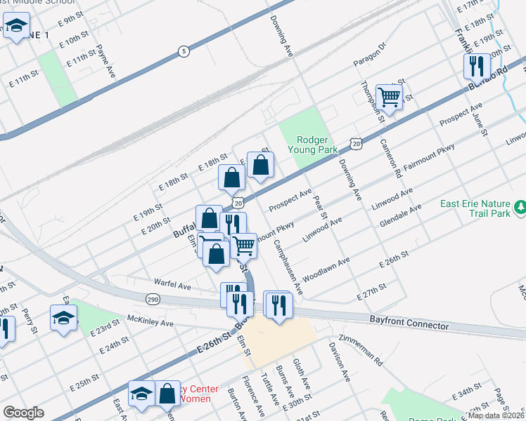 map of restaurants, bars, coffee shops, grocery stores, and more near 1529 Buffalo Road in Erie