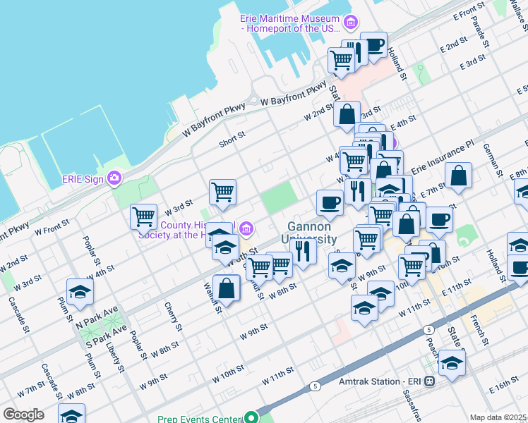 map of restaurants, bars, coffee shops, grocery stores, and more near 299 West 4th Street in Erie