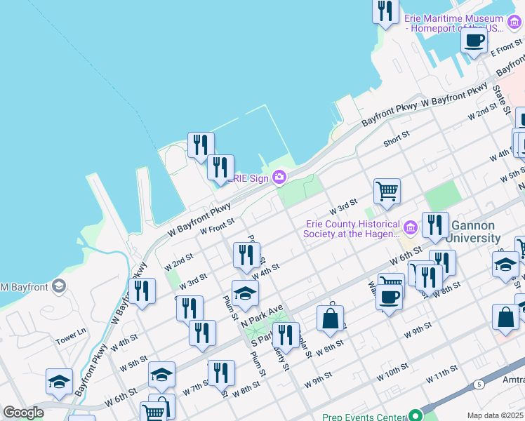 map of restaurants, bars, coffee shops, grocery stores, and more near Bayfront Promenade in Erie