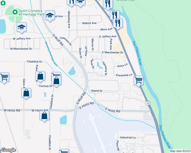 map of restaurants, bars, coffee shops, grocery stores, and more near 400 Poplar Drive in Wheeling