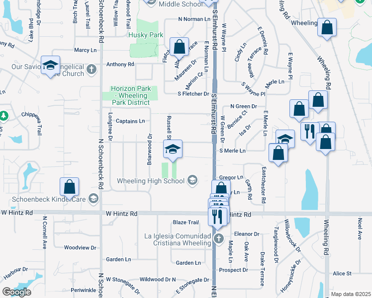 map of restaurants, bars, coffee shops, grocery stores, and more near 910 Vera Lane in Wheeling