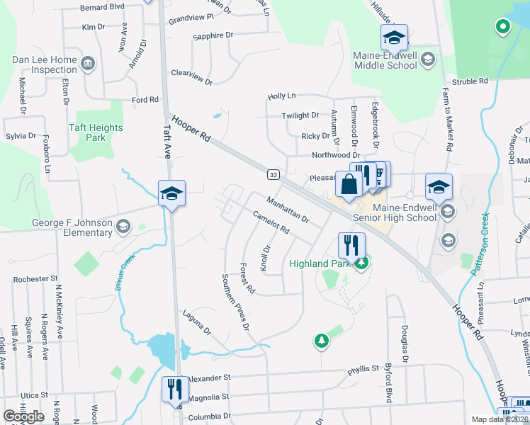 map of restaurants, bars, coffee shops, grocery stores, and more near 1201 Manor Entrance in Endicott