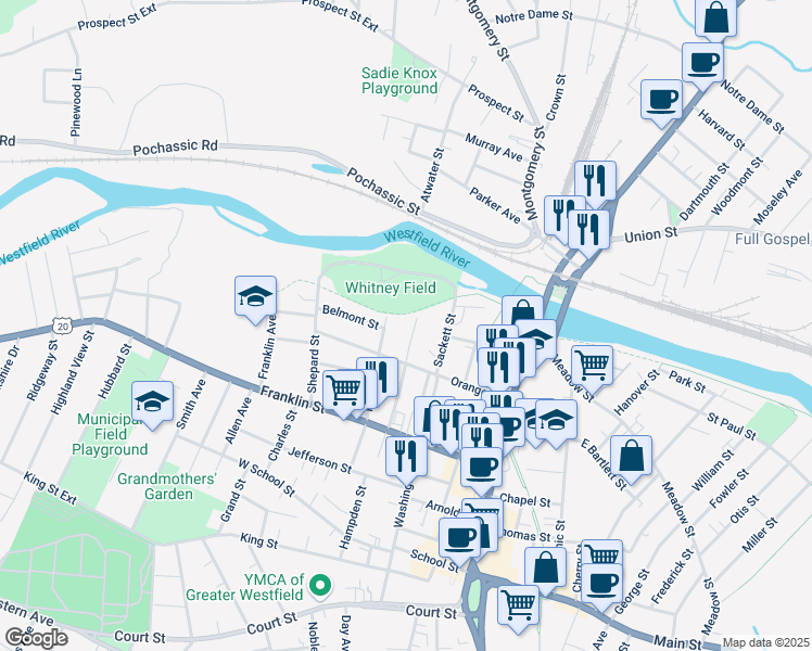 map of restaurants, bars, coffee shops, grocery stores, and more near 14 Clark Street in Westfield