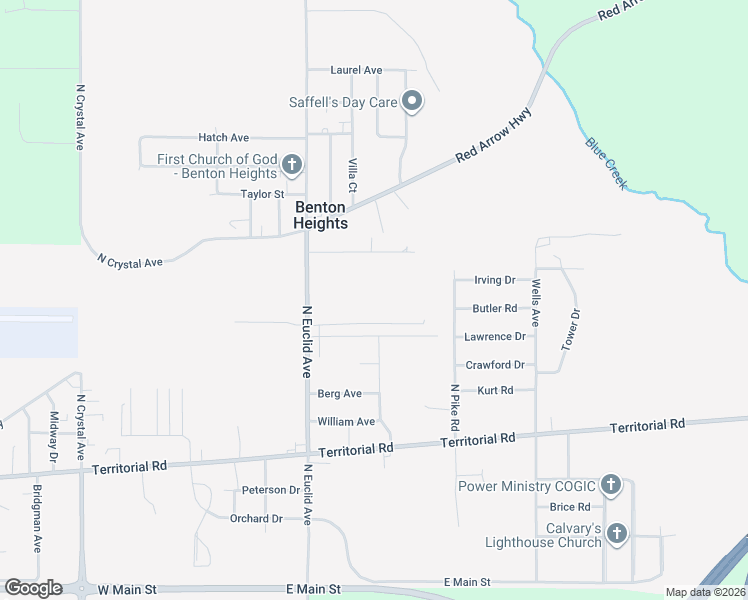 map of restaurants, bars, coffee shops, grocery stores, and more near 2232 Irving Drive in Benton Harbor