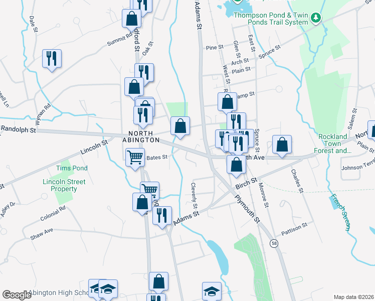 map of restaurants, bars, coffee shops, grocery stores, and more near 101 Royal Dane Lane in Abington