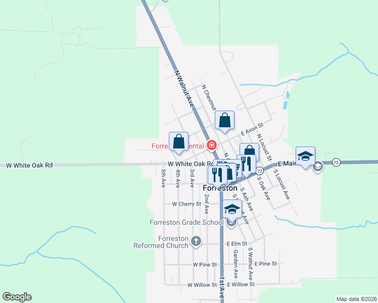 map of restaurants, bars, coffee shops, grocery stores, and more near 307 Maple Avenue in Forreston