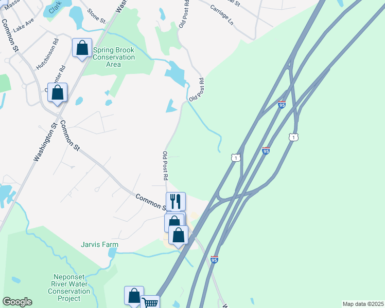 map of restaurants, bars, coffee shops, grocery stores, and more near 635 Old Post Road in Walpole