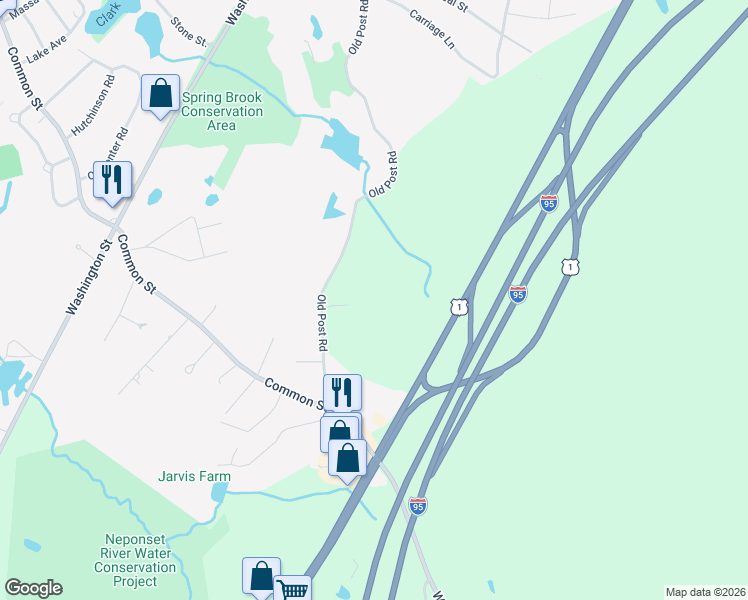 map of restaurants, bars, coffee shops, grocery stores, and more near 635 Old Post Road in Walpole