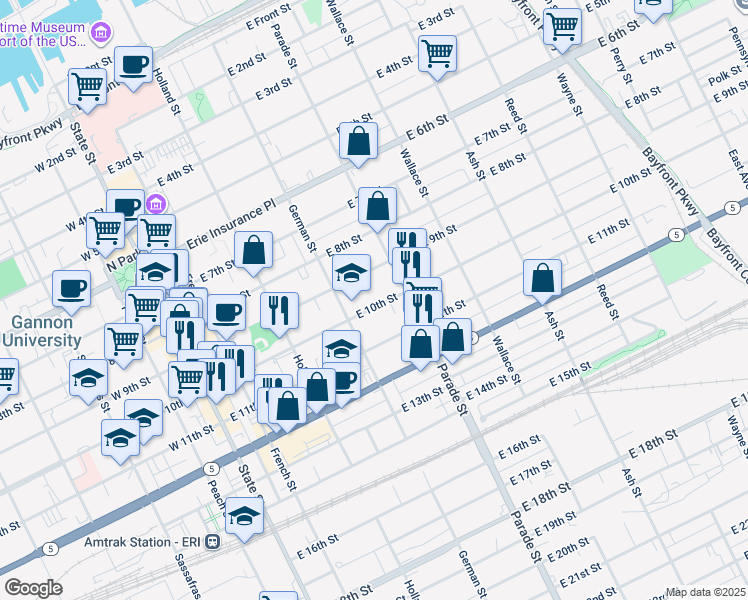map of restaurants, bars, coffee shops, grocery stores, and more near 355 East 9th Street in Erie