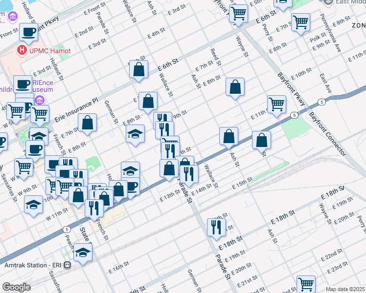 map of restaurants, bars, coffee shops, grocery stores, and more near 436 East 11th Street in Erie