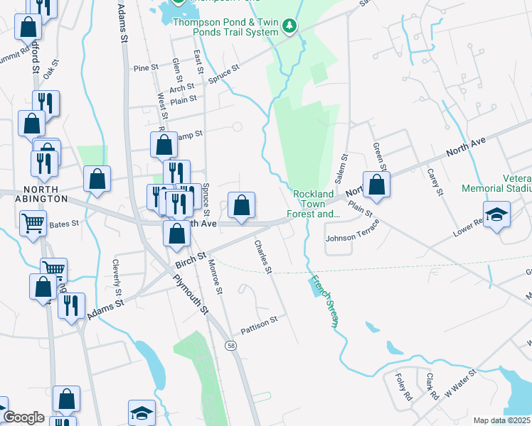 map of restaurants, bars, coffee shops, grocery stores, and more near 380 North Avenue in Abington