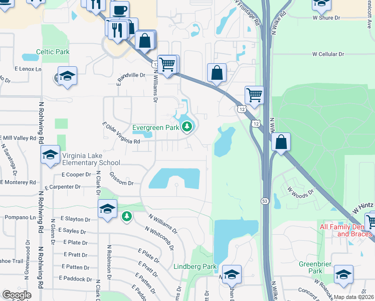 map of restaurants, bars, coffee shops, grocery stores, and more near 1337 East Evergreen Drive in Palatine
