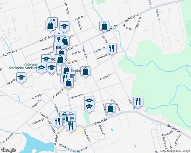 map of restaurants, bars, coffee shops, grocery stores, and more near 145 East Water Street in Rockland