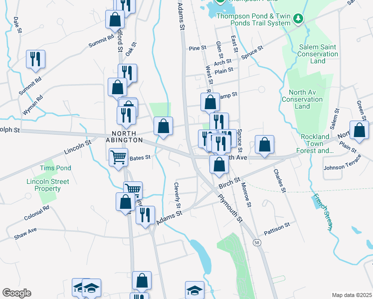 map of restaurants, bars, coffee shops, grocery stores, and more near 6 Harrison Avenue in Abington