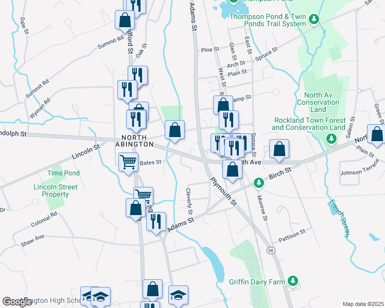 map of restaurants, bars, coffee shops, grocery stores, and more near 90 North Avenue in Abington