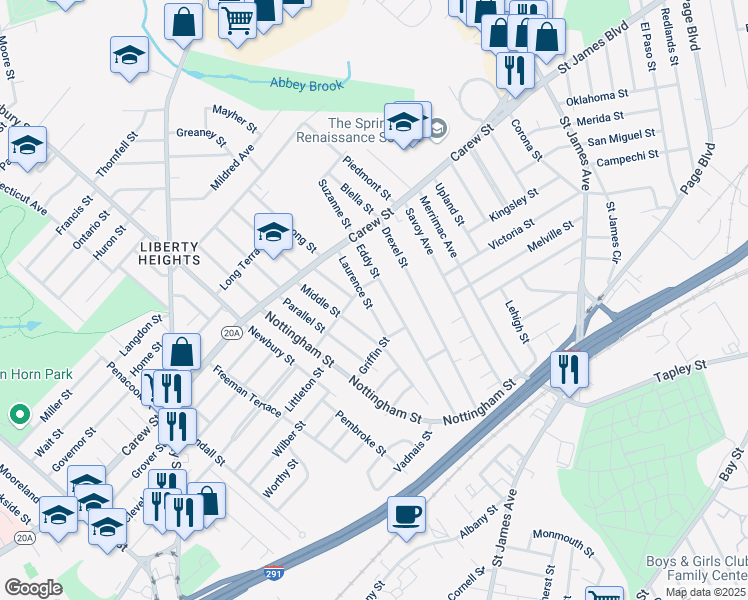 map of restaurants, bars, coffee shops, grocery stores, and more near 57 Laurence Street in Springfield