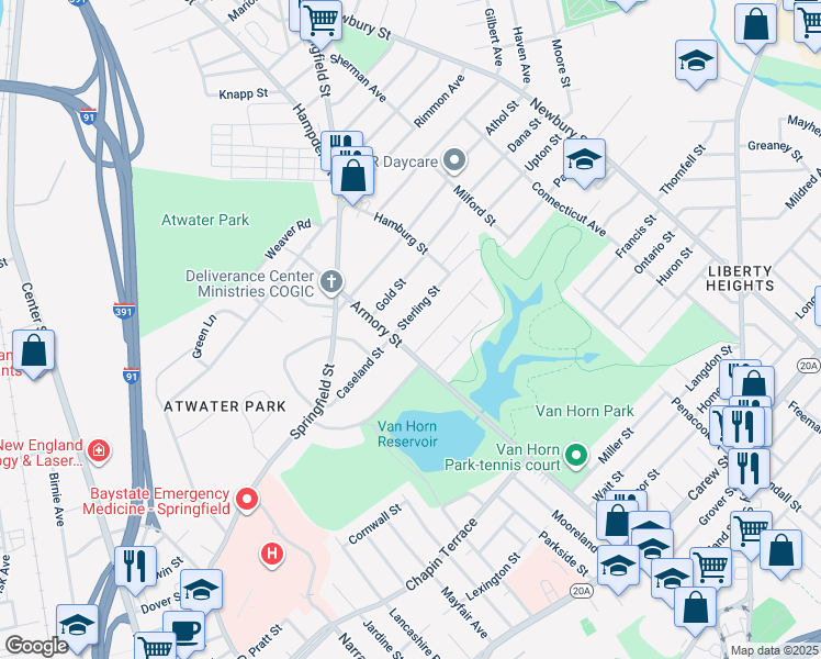 map of restaurants, bars, coffee shops, grocery stores, and more near 39-41 Sterling Street in Springfield