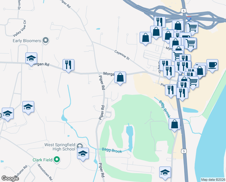 map of restaurants, bars, coffee shops, grocery stores, and more near 33 Piper Cross Road in West Springfield