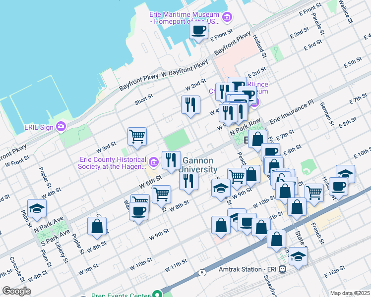 map of restaurants, bars, coffee shops, grocery stores, and more near 204-298 West 5th Street in Erie