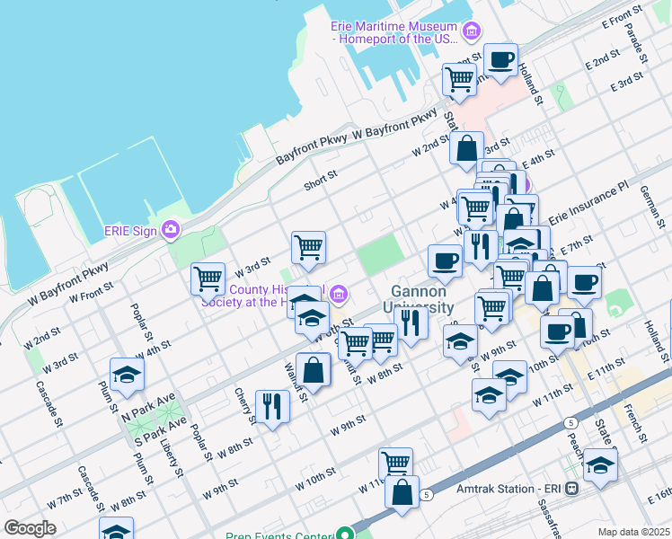 map of restaurants, bars, coffee shops, grocery stores, and more near 336 West 4th Street in Erie