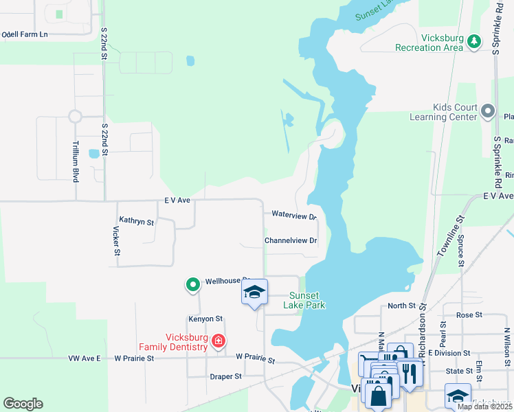 map of restaurants, bars, coffee shops, grocery stores, and more near 3979 East V Avenue in Vicksburg