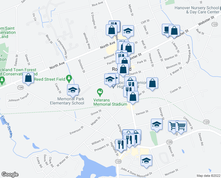 map of restaurants, bars, coffee shops, grocery stores, and more near 100 Taunton Avenue in Rockland