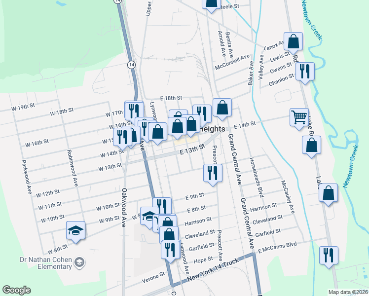 map of restaurants, bars, coffee shops, grocery stores, and more near 221 Elmwood Avenue in Elmira Heights