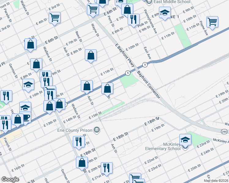 map of restaurants, bars, coffee shops, grocery stores, and more near 734 E 13th St in Erie