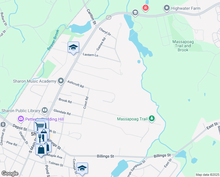 map of restaurants, bars, coffee shops, grocery stores, and more near 55 Huntington Avenue in Sharon