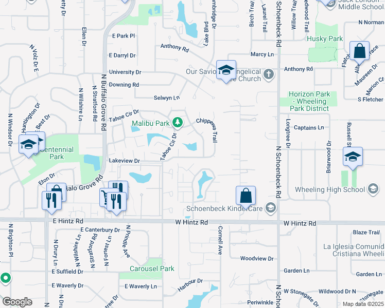 map of restaurants, bars, coffee shops, grocery stores, and more near 1417 Chippewa Trail in Wheeling
