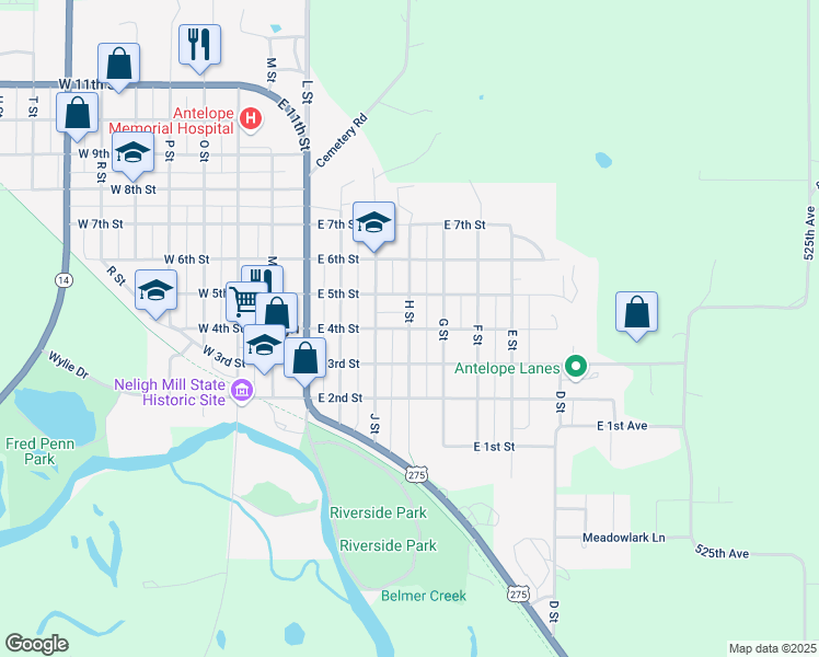 map of restaurants, bars, coffee shops, grocery stores, and more near 502 East 4th Street in Neligh