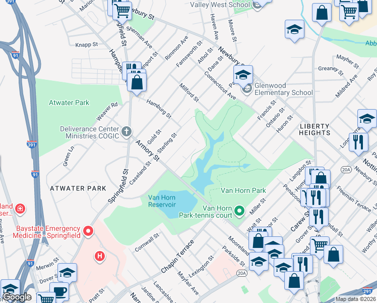 map of restaurants, bars, coffee shops, grocery stores, and more near 61 Bevier Street in Springfield