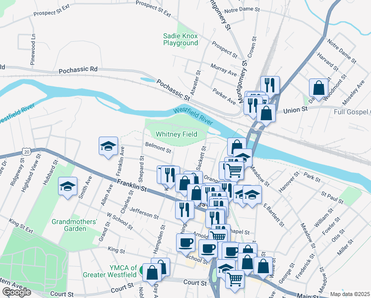 map of restaurants, bars, coffee shops, grocery stores, and more near 14 Clark Street in Westfield