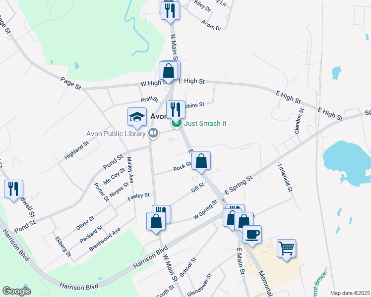 map of restaurants, bars, coffee shops, grocery stores, and more near 82 East Main Street in Avon
