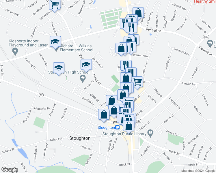 map of restaurants, bars, coffee shops, grocery stores, and more near 28 Faxon Street in Stoughton