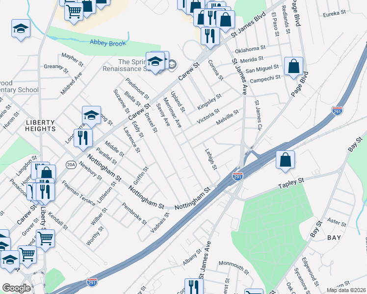 map of restaurants, bars, coffee shops, grocery stores, and more near 149 Melville Street in Springfield